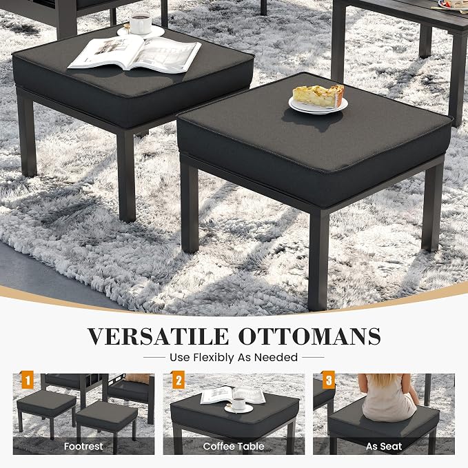 UDPATIO Aluminum Outdoor Furniture Set with 2 Ottomans and Fire Pit Table, 7 Pieces All-Weather & UV-Resistant Patio Sectional Sofa Set for Deck, Backyard, Poolside, Dark Gray