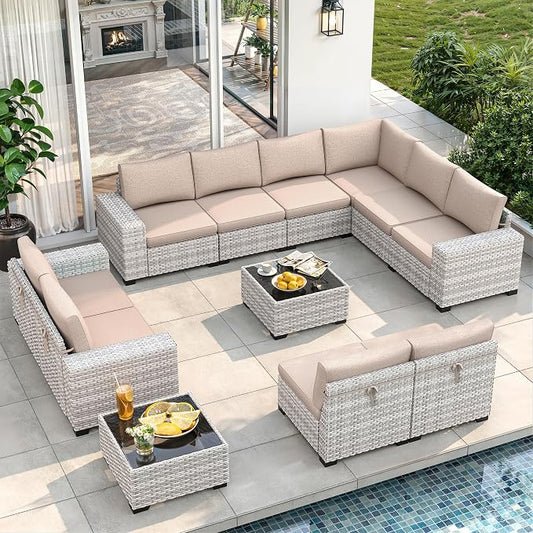 12 Piece Outdoor Wicker Sectional Sofa Set, 10-Seats Patio Furniture Conversation Set with 4" Thickened Cushions & Coffee Table, All-Weather PE Rattan for Garden, Backyard, Porch, Beige