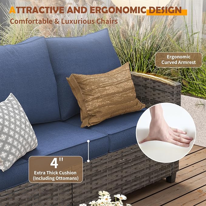 UDPATIO Outdoor Patio Furniture Set with 44" Fire Pit Table, 8 Pieces Sectional Conversation Sets, All-Weather Wicker Rattan Sofa Ottoman with 4" Thick Cushion for Garden Backyard Deck, Navy Blue
