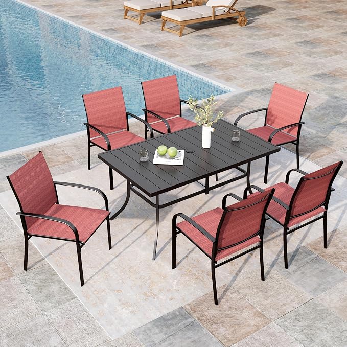 MIXPATIO Patio Dining Set 7 Piece Outdoor Furniture Set with Metal Patio Dining Table with Umbrella Hole for Deck Garden Backyard Lawn, Red