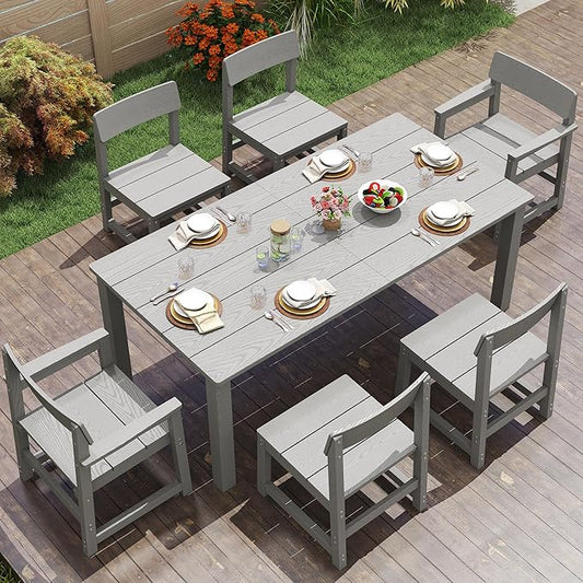 Jocoevol Patio Dining Sets 7 Piece HIPS Outdoor Dining Table Set with Umbrella Hole Table and 6 Chairs Furniture for Backyard Poolside Garden, Grey