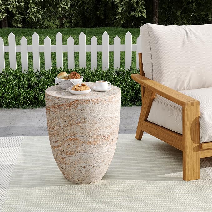 Outdoor Side Table Round Concrete Side Table Faux Marble End Tables Cement Accent Tables Patio Garden Stool Plant Stand for Porch, Backyard Balcony,14.25",Barrel, Beige