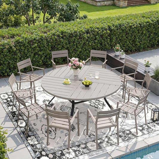 DIFY 11 Piece Outdoor Patio Dining Set for 10, 59.8" Round Dining Table with Umbrella Hole and Stackable Metal Chairs, Patio Table and Chairs Set for Backyard Poolside Deck, Grey Wood-Like & Sandshell
