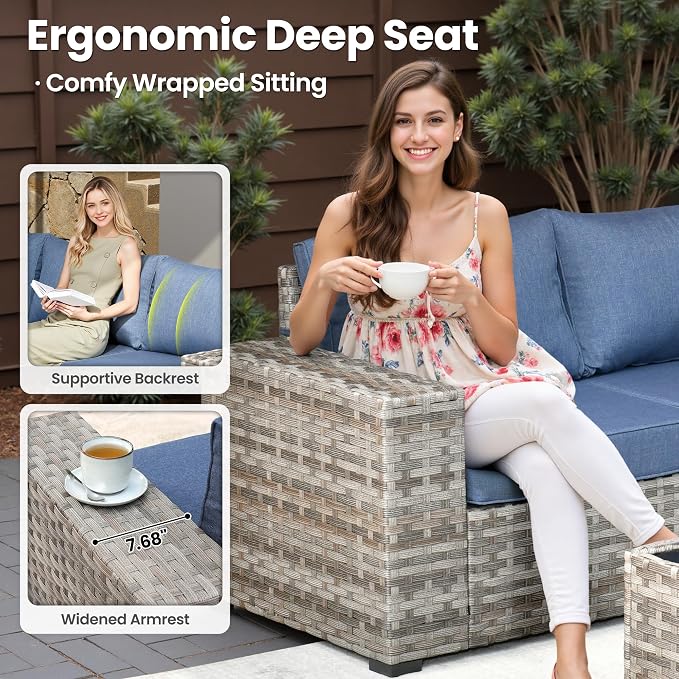 ovios 6 Pieces Patio Furniture Set, Outdoor Wicker Sectional Sofa with Coffee Table Comfy Cushions, Modern Modular Deep Seat Couch Rattan Conversation Set, Denim Blue