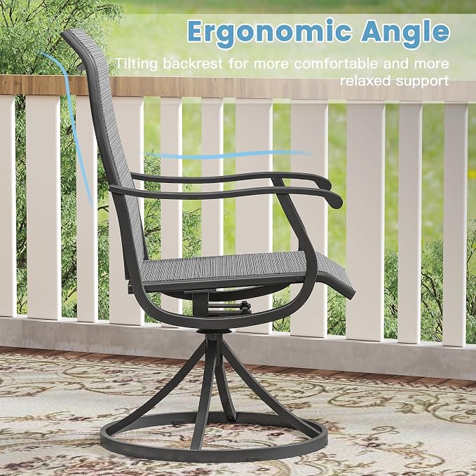DIFY Patio Table and Chairs Set for 4, 5 Piece Outdoor Dining Set, 40.2" Black Square Metal Dining Table with Umbrella Hole and 4 Dark Grey Textilene Swivel Patio Chairs, for Garden Backyard Deck