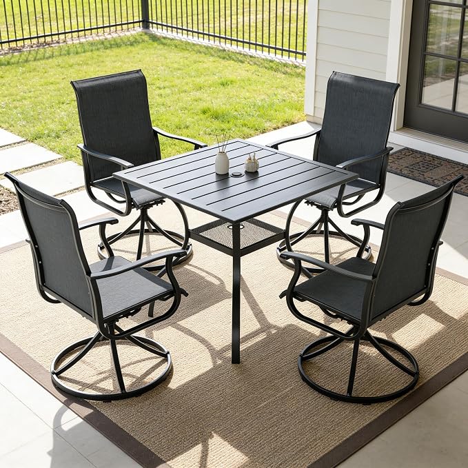 SUNCROWN 5-Piece Outdoor Patio Dining Set, All Weather Square Metal Table & 4 Black Swivel Textilene Mesh Chairs, Weather Resistant Patio Furniture for Deck Lawn Garden Backyard Poolside