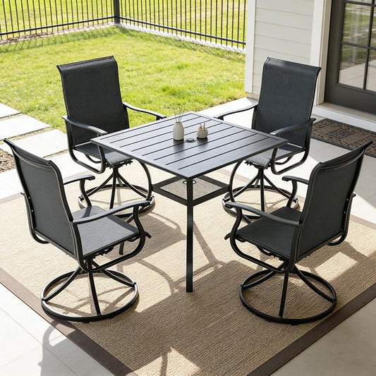 SUNCROWN 5-Piece Outdoor Patio Dining Set, All Weather Square Metal Table & 4 Black Swivel Textilene Mesh Chairs, Weather Resistant Patio Furniture for Deck Lawn Garden Backyard Poolside