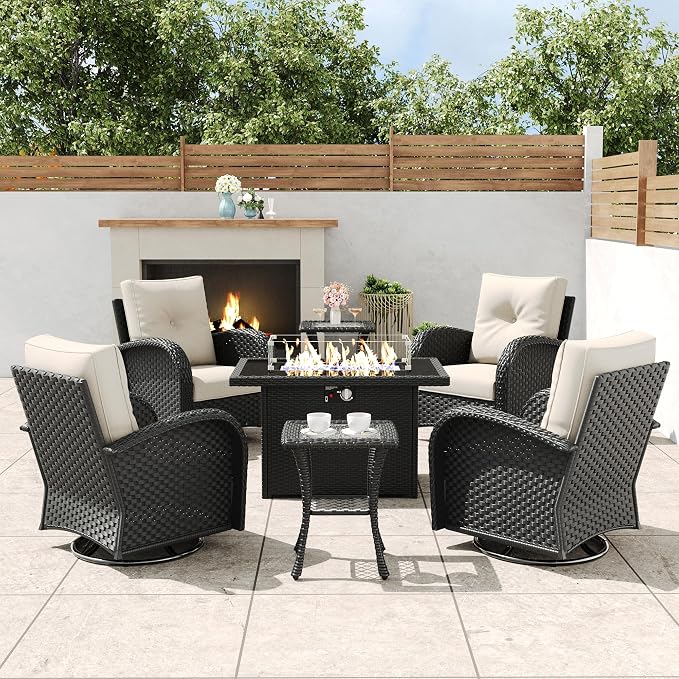7 Pieces Outdoor Wicker Patio Swivel Rocking Chairs, All Weather Wicker Conversation Set with 44" Fire Pit Table