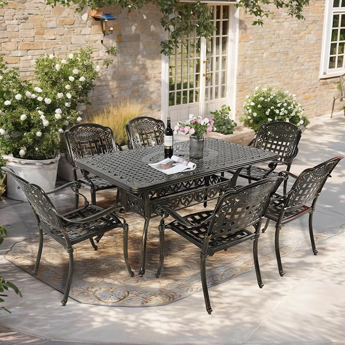 7-Piece Outdoor Patio Dining Set, 60” Rectangular Cast Aluminum Dining Table with Umbrella Hole and 6 Outdoor Dining Chairs, Patio Funiture Set for Backyard, Patio, Garden