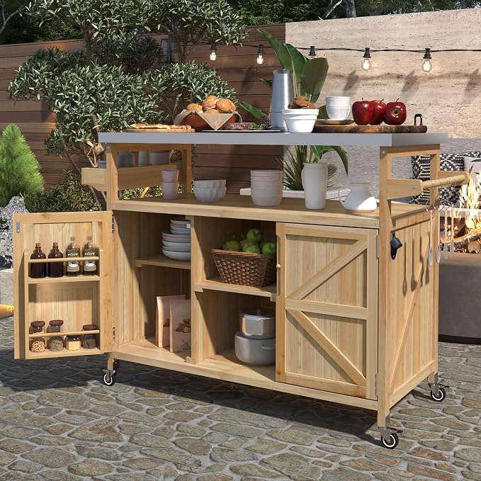 Large Outdoor Rolling Patio Bar Table Cart, Outdoor Kitchen Island Cart Grill Table, Farmhouse Solid Wood Outdoor Serving Cart Prep Table with Stainless Steel Top for Grill/Kitchen, Natural