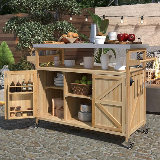 Large Outdoor Rolling Patio Bar Table Cart, Outdoor Kitchen Island Cart Grill Table, Farmhouse Solid Wood Outdoor Serving Cart Prep Table with Stainless Steel Top for Grill/Kitchen, Natural