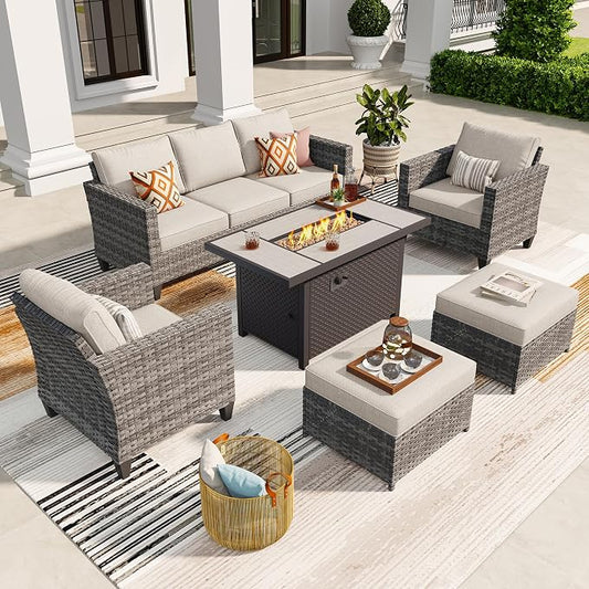 ovios 6 Pieces Patio Furniture Set with Fire Pit Table, Outdoor Wicker 3-Seat Sofa with Comfy Cushion, High Back Rattan Conversation Set for Deck Porch, Beige
