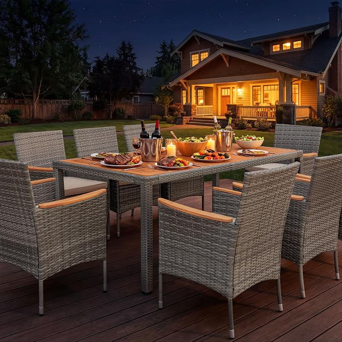 Devoko Outdoor Patio Dining Sets 9 Pieces Wicker Outdoor Dining Table and Chairs Set with Acacia Wood Table Top and Widened Armrests for Backyard, Garden, Deck (Grey)