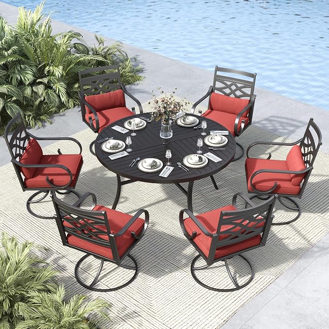 MFSTUDIO 7-Piece Patio Dining Set, 54" Round Metal Table, Swivel Chairs | Umbrella Hole, Red