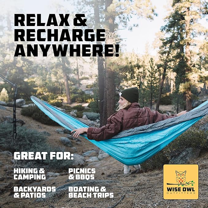 Wise Owl Outfitters Hammock & Rain Fly Bundle – Double Camping Hammock with Tree Straps and Waterproof Tarp, Lightweight Shelter for Hiking & Travel