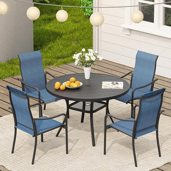 VICLLAX 40.6" Round Patio Table, Outdoor Dining Table for 4 with Umbrella Hole for Garden Lawn Deck Backyard, Black