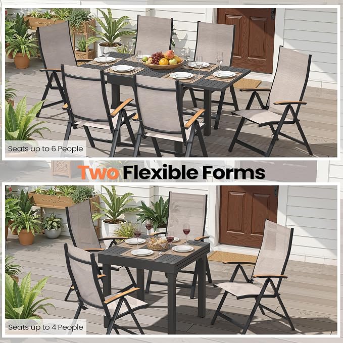 Pellebant 7 Piece Aluminum Outdoor Dining Set for 6 Peron, Expandable Outdoor Dining Table and Foldable Adjustable Backrest Chairs, Weather Resistant Outdoor Furniture Set for Deck, Porch & Backyard