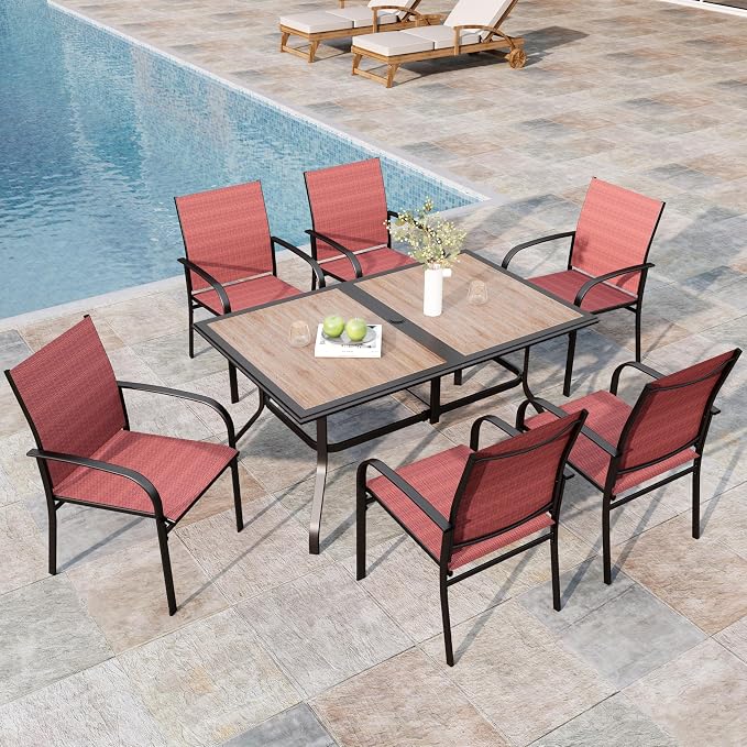 MIXPATIO 7 Pieces Patio Table and Chairs Set, Outdoor Dining Furniture Set for 6, 6 Red Textilene Chairs and 61" Wood-Like Table Top with Umbrella Hole, for Deck Backyard Lawn
