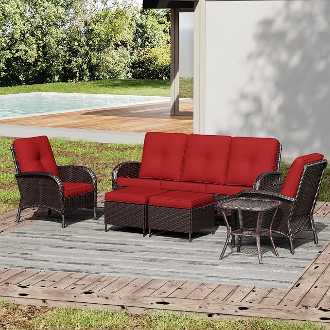Joyside Wicker Patio Furniture Set, 6 Piece Outdoor Furniture Set with Thickened Cushions, High Back, Deep Seating, Wide Armrest, Rattan Outdoor Chairs for Porch, Deck