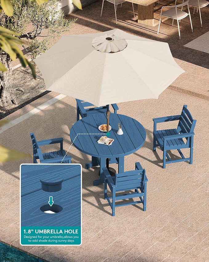 SERWALL 5-Piece Patio Dining Sets, HDPE Outdoor Table and Chairs Furniture Set, 45" Round Dining Table and 4 Dining Chairs, Navy