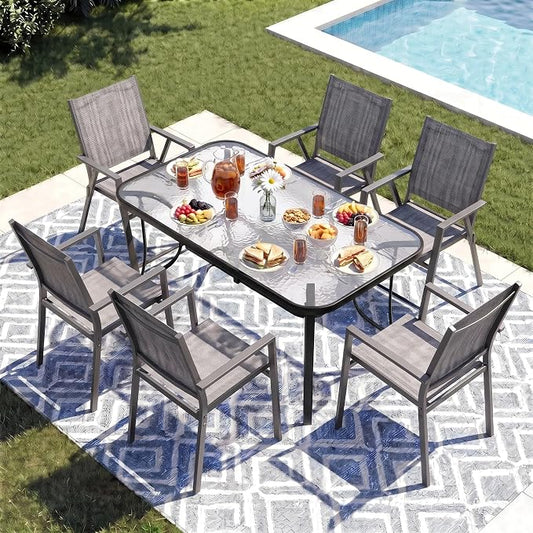TLSUNNY 7 Piece Patio Dining Set for 6, Outdoor Table and Chairs W/1.69" Umbrella Hole & Metal Frame, 30"X 55" Rectangular Glass Table and Patio Textilene Stackable Chair W/Armrests, for Lawn Deck