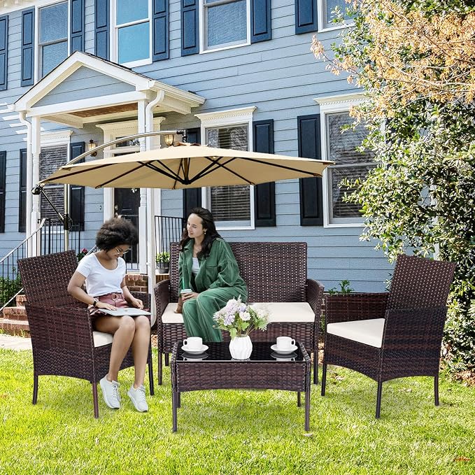 Patio Furniture Set, Outdoor Furniture Set 4 Pieces Patio Conversation Set PE Rattan Chair with Cushion Tempered Glass Table Garden Balcony Sets for Yard Pool Backyard Brown/Beige