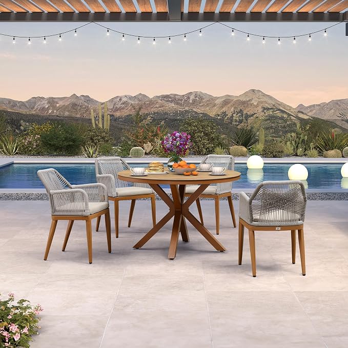 PURPLE LEAF 5 Pieces Patio Round Dining Set Aluminum Oversize Round Table and Rattan Arm Chairs with Cushions for Kitchen Porch Garden Modern Outdoor Furniture Sets