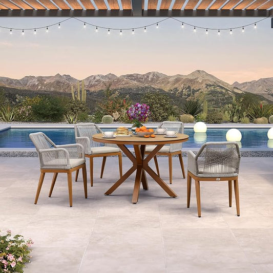 PURPLE LEAF 5 Pieces Patio Round Dining Set Aluminum Oversize Round Table and Rattan Arm Chairs with Cushions for Kitchen Porch Garden Modern Outdoor Furniture Sets