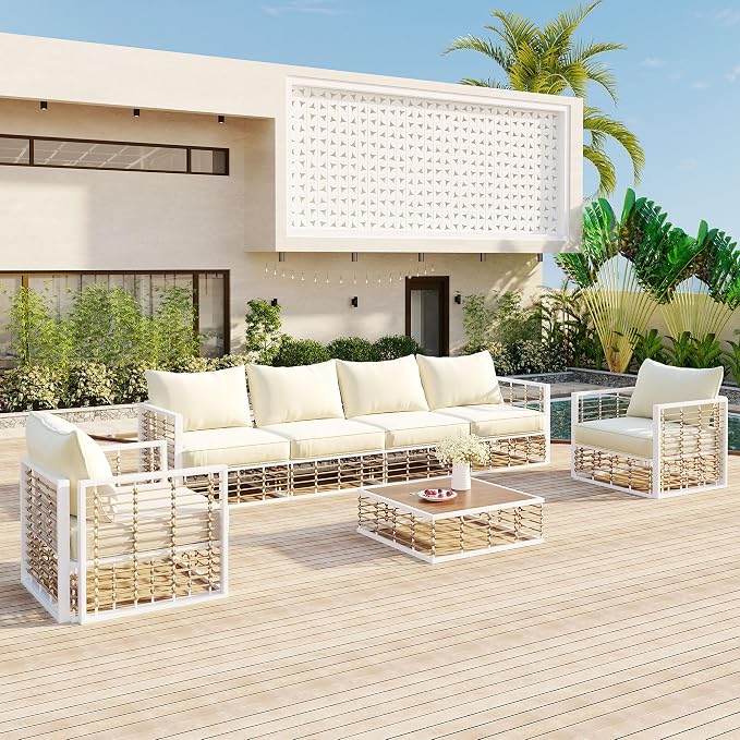 7-Piece Metal Patio Sectional Sofa Set, Free Combination Sofa Set with Coffee Table, All-Weather Garden Conversational Furniture Set with Thick Cushions and 8 Pillows (White Frame+Ivor Cushion)