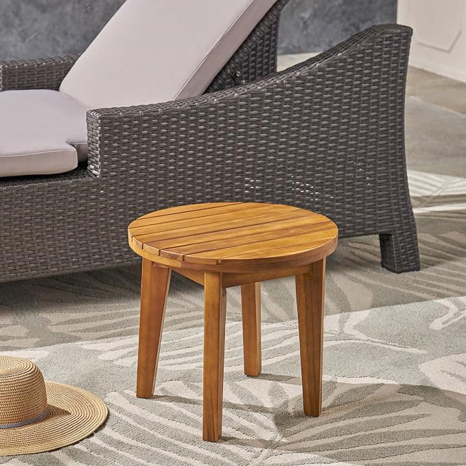 16” Small Outdoor Side Tables with Slatted Top, Round Outdoor Table, Wood Side Table, Small Patio Side Table for Patio, Balcony, Garden & Backyard, Teak Finish (Teak)