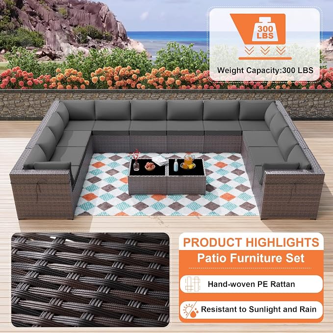 ALAULM 14 Pieces Patio Furniture Set Wicker Patio Conversation Set, Outdoor Sectional Furniture w/Coffee Table & Washable Seat Cushions-Grey
