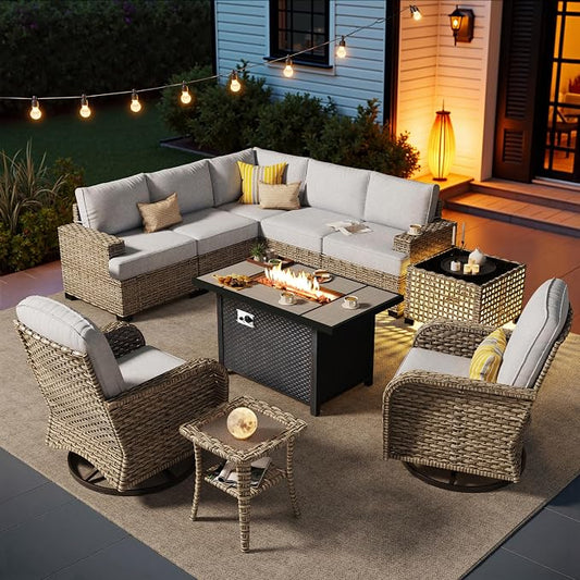 HOOOWOOO Sectional Patio Furniture Set with Fire Pit Table,10 Pieces Wicker Outdoor Furniture L Shaped Couch,Outside Conversation Set Extra Deep Seat Sofa Wide Arm Swivel Chairs Solar Table,Gray