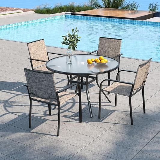 5 Piece Outdoor Dining Set with 40" Round Glass Table and Beige Grey Chairs | 4 Piece Stackable Chairs Textilene Seat and Back, Table and Chair with Metal Frame, Round Glass Table Top, 1.7" Umbrella Hole