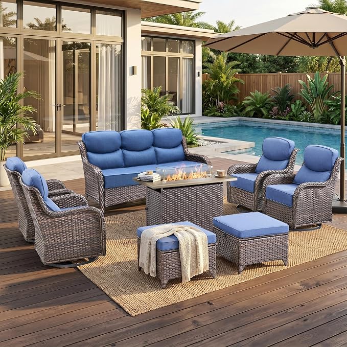 Luxury High Back Outdoor Furniture 6-Inch Thick Cushions with 50,000 BTU Gas Propane Fire Pit Tablet, Patio Furniture Set with Swivel Chairs, 8 PCS for Porch, Balcony, Deck and Yard