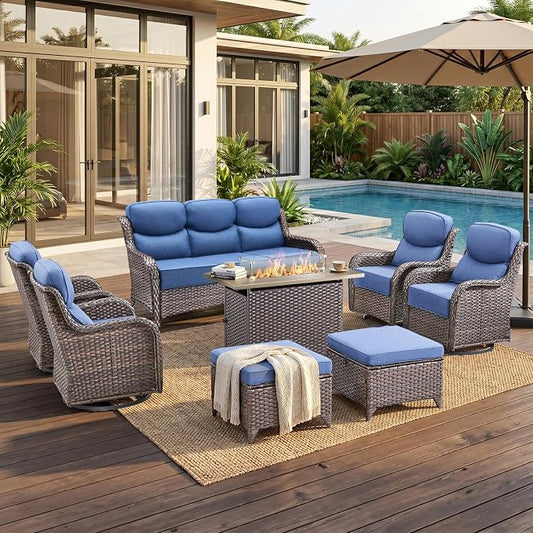 Luxury High Back Outdoor Furniture 6-Inch Thick Cushions with 50,000 BTU Gas Propane Fire Pit Tablet, Patio Furniture Set with Swivel Chairs, 8 PCS for Porch, Balcony, Deck and Yard