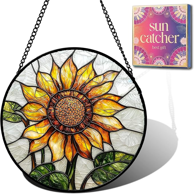 Sunflower Gifts for Women - Yellow Flower Faux Stained Glass Window Hanging Sun Catcher for Door Garden Acrylic Decor Mother's Day Christmas Birthday Gift for Mom Nana Grandma Sisters Colleague 11.8"