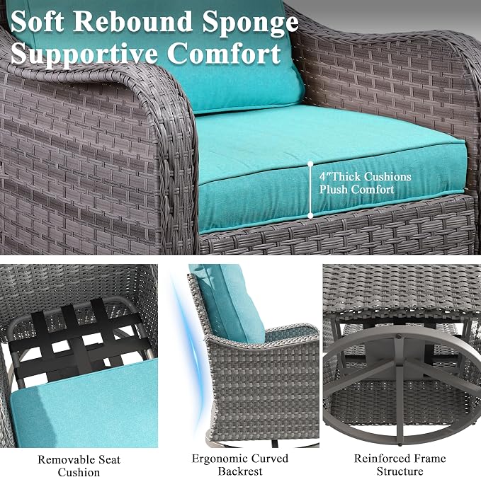 3 Piece Patio Furniture Set with Swivel Rocking Chairs, Outdoor Wicker Conversation Set with 4" Cushions, Glass Side Table, PE Rattan and Rust-Resistant Frame, Blue