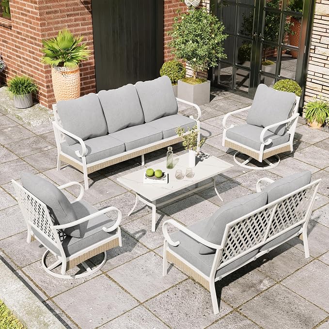 MIXPATIO 5 Piece Patio Furniture Set, 2 x Swivel Chair, 1 x 2-Seat Sofa, 1 x 3-Seat Sofa with Marbling Coffee Table, 7 Seats Outdoor Conversation Set for Lawn Garden Backyard, Light Gray