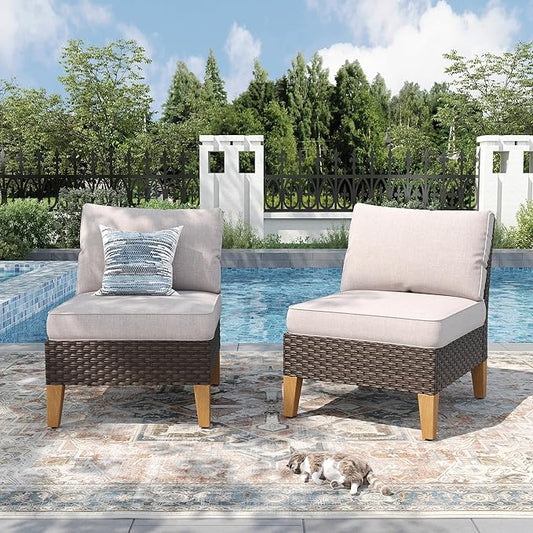 PHI VILLA Oversized Outdoor Wicker Patio Furniture Sofa Set of 2 Pieces Beige Patio Conversation Armless Rattan Sofa Chair Balcony Bistro