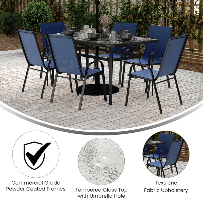Merrick Lane Bardwell 7-Piece Outdoor Dining Table Set for 6, Glass Top Table with Hole for Umbrella, 6 Breathable Textilene Stackable Patio Chairs, Navy/Black