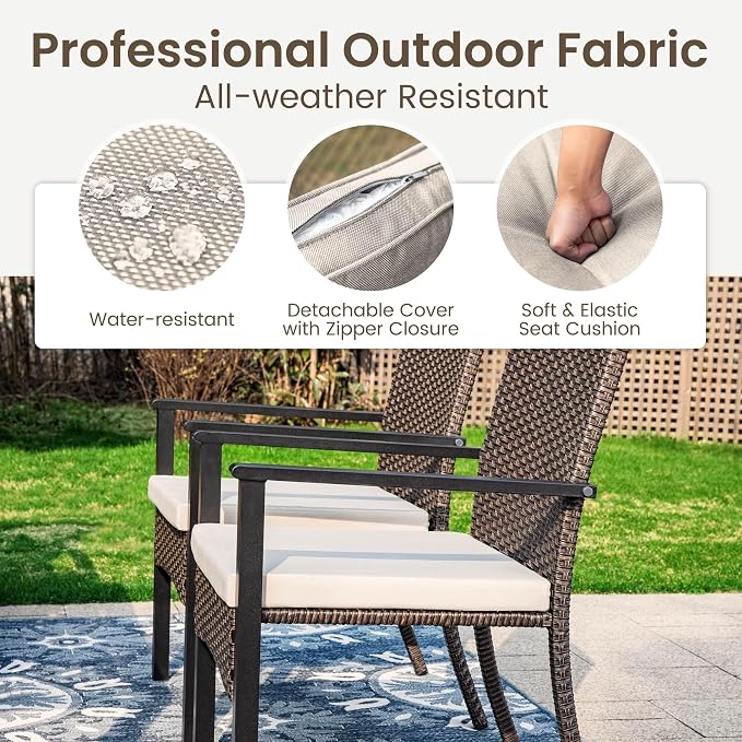 PHI VILLA Wicker Patio Dining Chairs Set of 2 with Removable Cushions | 2 Rattan dining chairs with thick removable seat cushions. Sturdy steel frame, easy assembly.