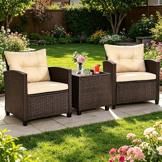 ORALNER 3 Pieces Patio Furniture Set, Outdoor Wicker Conversation Set Rattan Chairs with Cushions, Glass Coffee Table, Bistro Set for Front Porch Balcony Garden Deck Poolside (Beige)