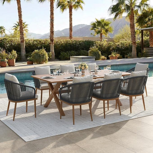 9-Piece Patio Dining Table Sets, Woven Wicker Dining Set with Rectangular Aluminum Table and Dining Chairs Modern Outdoor Dining Furniture Set for Outdoors and Indoors