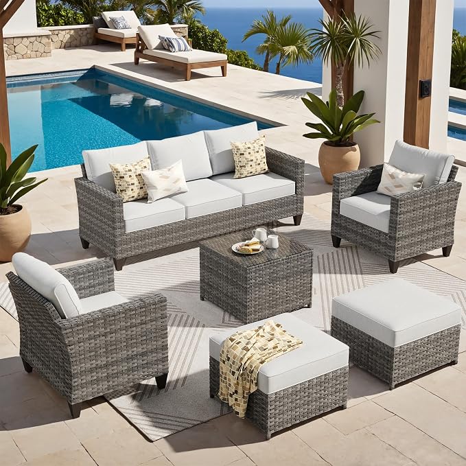 ovios 6 Pieces Patio Furniture Set, Outdoor Wicker Sofa Couch with Glass Table Comfy Cushions, All Weather Grey Rattan Conversation Set for Backyard Deck Porch, Grey