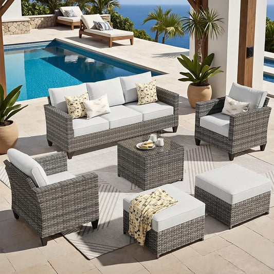 ovios 6 Pieces Patio Furniture Set, Outdoor Wicker Sofa Couch with Glass Table Comfy Cushions, All Weather Grey Rattan Conversation Set for Backyard Deck Porch, Grey