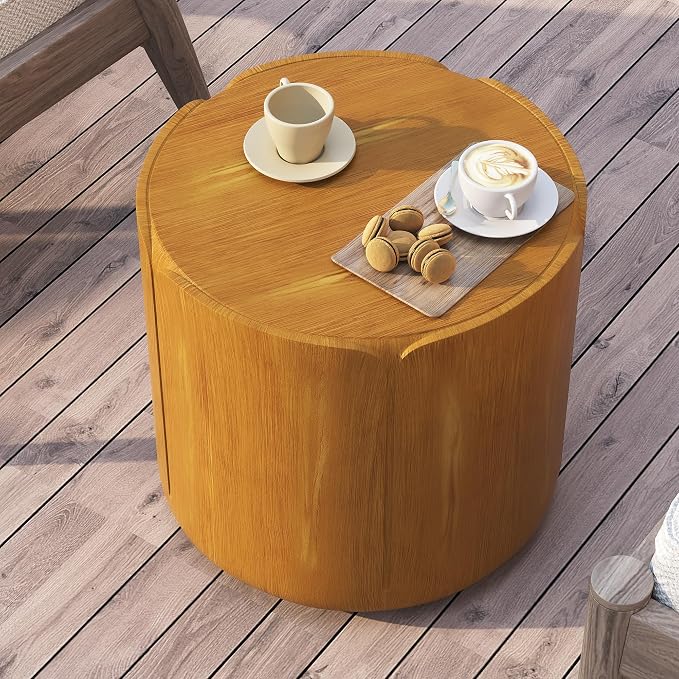 19.29" H Round Outdoor Indoor Side Table, Modern Wood Grain Patio Garden Stool, Sturdy MGO Waterproof, No-Assembly Table for Patio, Garden, Backyard, Living Room
