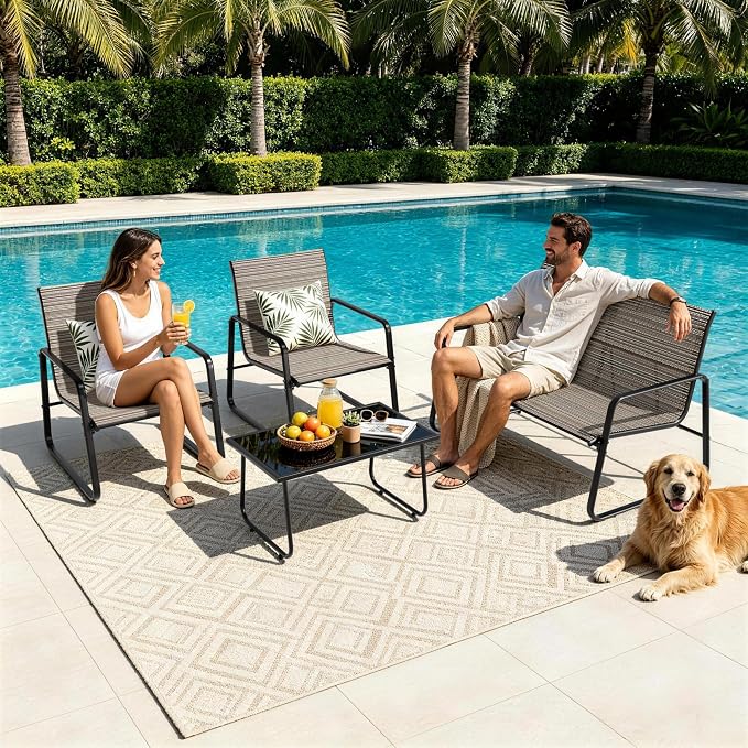 Gotland 4-Piece Outdoor Patio Furniture Set, Textilene Fabric Metal Patio Conversation Set with Loveseat 2 Chairs Tempered Glass Coffee Table, Patio Set for Backyard, Lawn, Porch, Pool, Garden, Brown