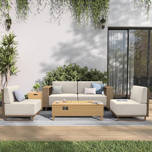 SUNSHINE VALLEY Patio Furniture Set with Firepit, Outdoor Conversation Sets with 10" Thick Cushions, 4 Pieces Yellow Rattan Wicker Sofa for Lawn Garden Deck