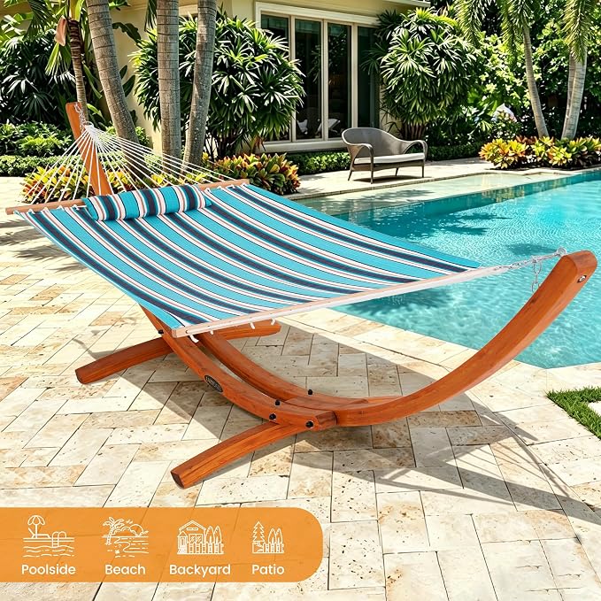 Lazy Daze Hammocks Sunbrella Fabric Hammock with 13FT Wood Arc Stand, 2 Person Outdoor Hammock Combo with Free Pillow, All Weather & Fade Resistant, for Patio Yard, 450 lbs Capacity, Token Surfside