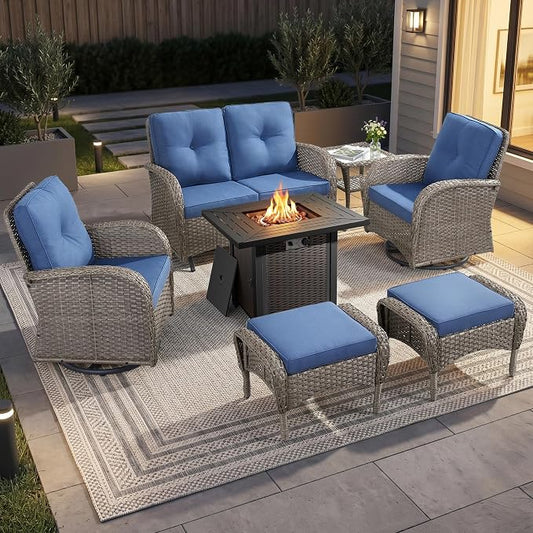 7 Piece Patio Furniture Set with Fire Pit Table - Wicker Patio Conversation Set with Swivel Glider, Glider Loveseat, Side Table and 2 Ottomans for Deck Backyard - Grey Wicker Blue Cushion